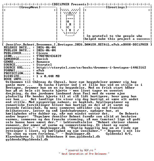 NFO for the release Jennifer.Bohnet.Droemmen.I.Bretagne.2026.DANiSH.RETAiL.ePub.eBOOK-DECiPHER by DECiPHER