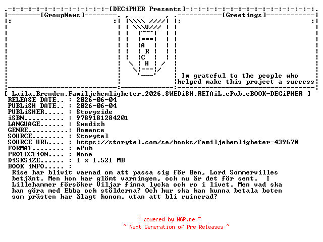 NFO for the release Laila.Brenden.Familjehemligheter.2026.SWEDiSH.RETAiL.ePub.eBOOK-DECiPHER by DECiPHER