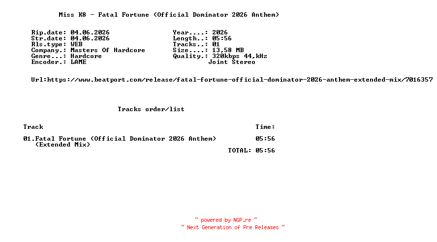 NFO for the release Miss_K8_-_Fatal_Fortune_(Official_Dominator_2026_Anthem)-(MOHDIGI579)-SINGLE-WEB-2026-FMC by FMC