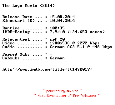 NFO for the release The.Lego.Movie.German.720p.BluRay.x264-EXQUiSiTE by EXQUiSiTE