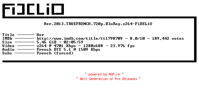 NFO for the release Her.2013.TRUEFRENCH.720p.BluRay.x264-FiDELiO by FiDELiO