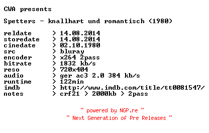 NFO for the release Spetters.knallhart.und.romantisch.1980.German.BDRip.x264.iNTERNAL-CWA by CWA