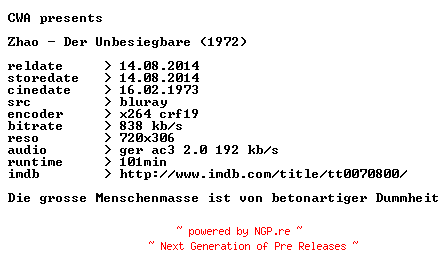 NFO for the release Zhao.Der.Unbesiegbare.1972.German.BDRip.x264.iNTERNAL-CWA by CWA