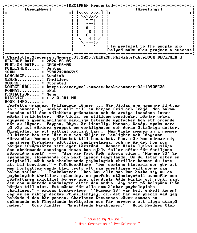 NFO for the release Charlotte.Stevenson.Nummer.33.2026.SWEDiSH.RETAiL.ePub.eBOOK-DECiPHER by DECiPHER
