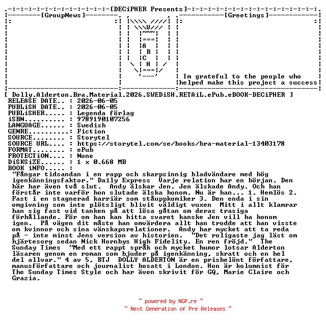 NFO for the release Dolly.Alderton.Bra.Material.2026.SWEDiSH.RETAiL.ePub.eBOOK-DECiPHER by DECiPHER