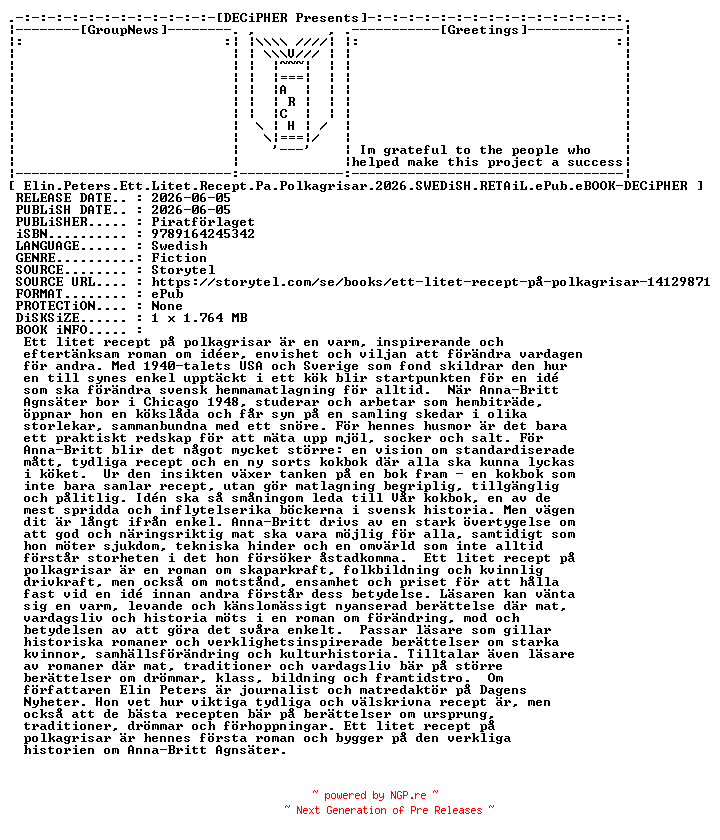 NFO for the release Elin.Peters.Ett.Litet.Recept.Pa.Polkagrisar.2026.SWEDiSH.RETAiL.ePub.eBOOK-DECiPHER by DECiPHER
