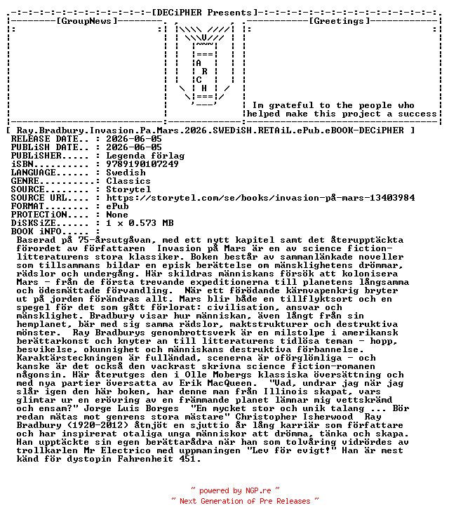 NFO for the release Ray.Bradbury.Invasion.Pa.Mars.2026.SWEDiSH.RETAiL.ePub.eBOOK-DECiPHER by DECiPHER