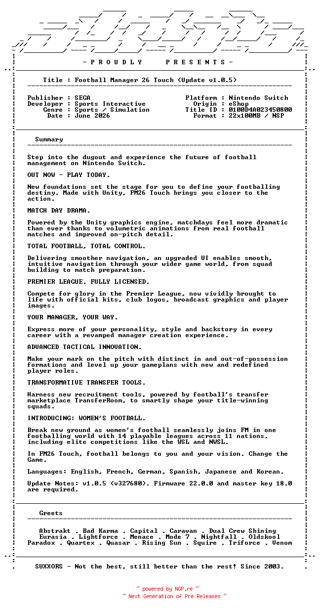 NFO for the release Football_Manager_26_Touch_Update_v1.0.5_NSW-SUXXORS by SUXXORS