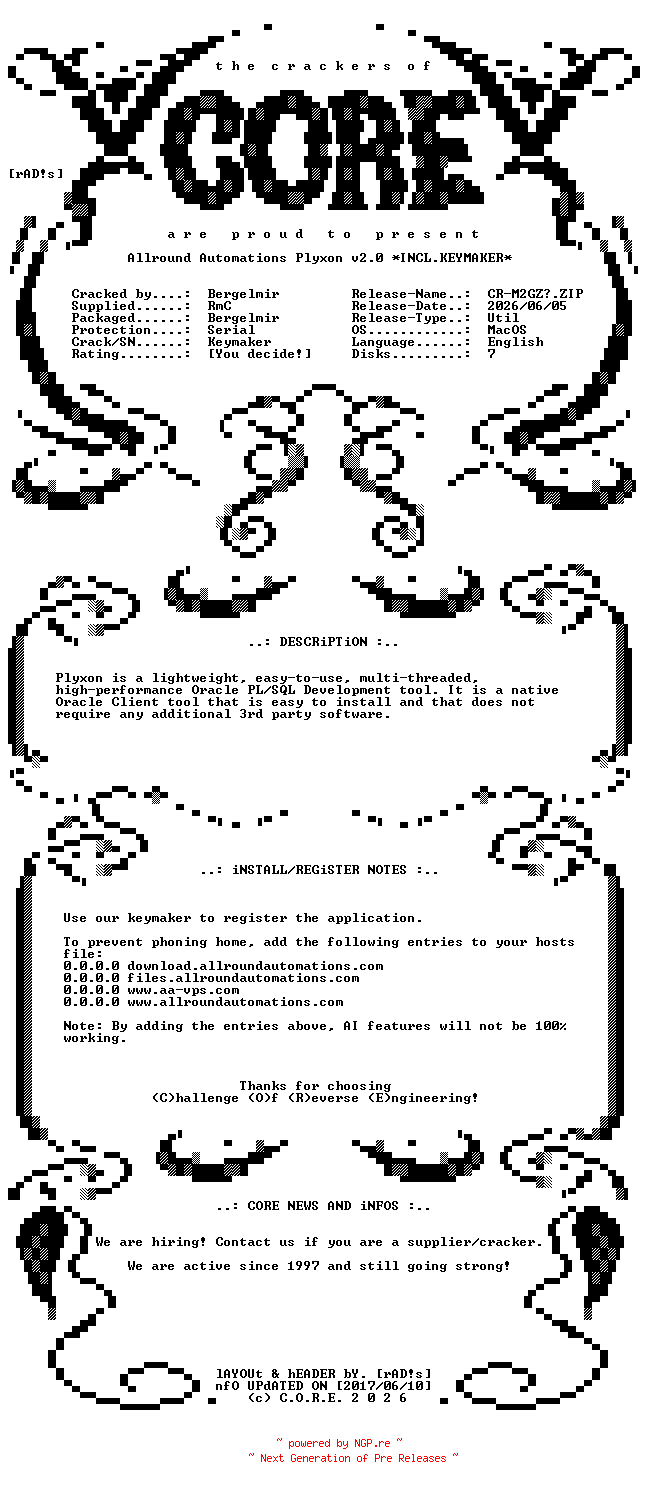 NFO for the release Allround.Automations.Plyxon.v2.0.MacOS.ARM64.Incl.Keymaker-CORE by CORE
