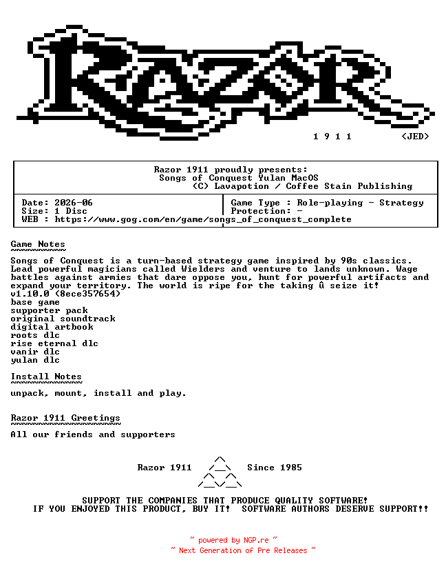 NFO for the release Songs_of_Conquest_Yulan_MacOS-Razor1911 by Razor1911