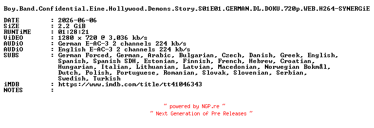 NFO for the release Boy.Band.Confidential.Eine.Hollywood.Demons.Story.S01E01.GERMAN.DL.DOKU.720p.WEB.H264-SYNERGiE by SYNERGiE
