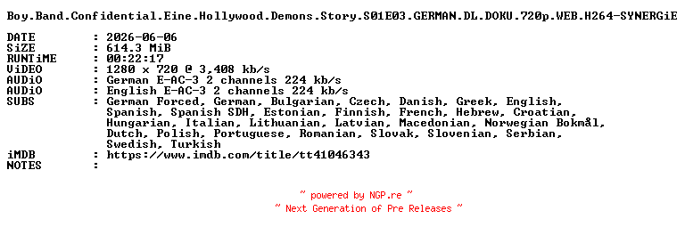 NFO for the release Boy.Band.Confidential.Eine.Hollywood.Demons.Story.S01E03.GERMAN.DL.DOKU.720p.WEB.H264-SYNERGiE by SYNERGiE