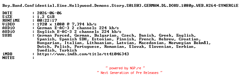 NFO for the release Boy.Band.Confidential.Eine.Hollywood.Demons.Story.S01E03.GERMAN.DL.DOKU.1080p.WEB.H264-SYNERGiE by SYNERGiE