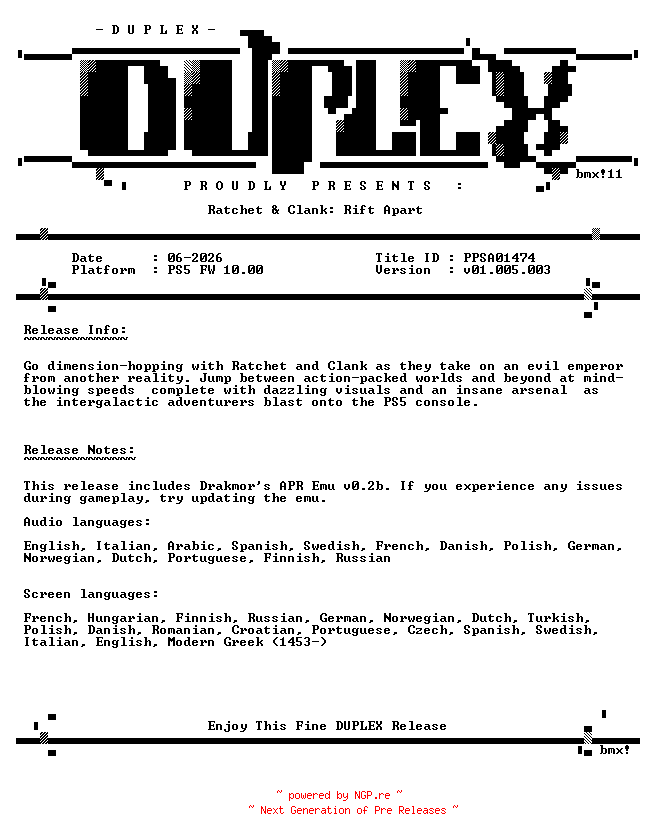 NFO for the release Ratchet.and.Clank.Rift.Apart.PS5-DUPLEX by DUPLEX