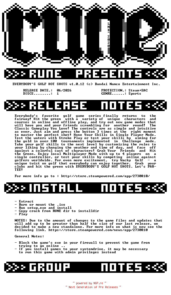 NFO for the release EVERYBODYS.GOLF.HOT.SHOTS.v1.0.12-RUNE by RUNE
