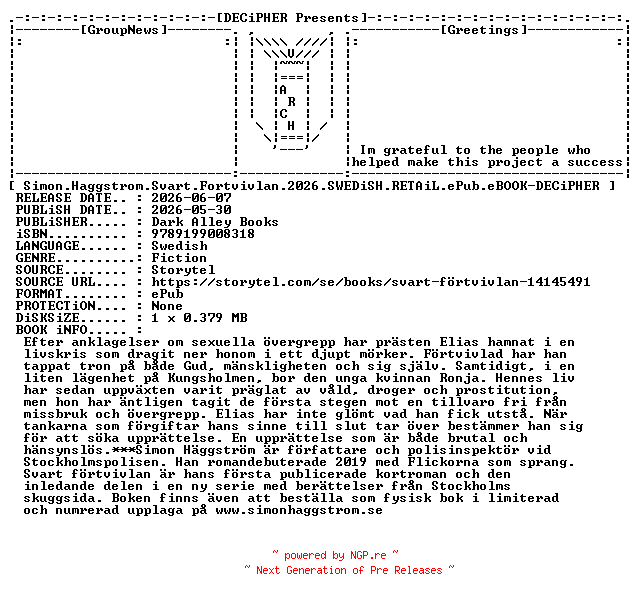 NFO for the release Simon.Haggstrom.Svart.Fortvivlan.2026.SWEDiSH.RETAiL.ePub.eBOOK-DECiPHER by DECiPHER