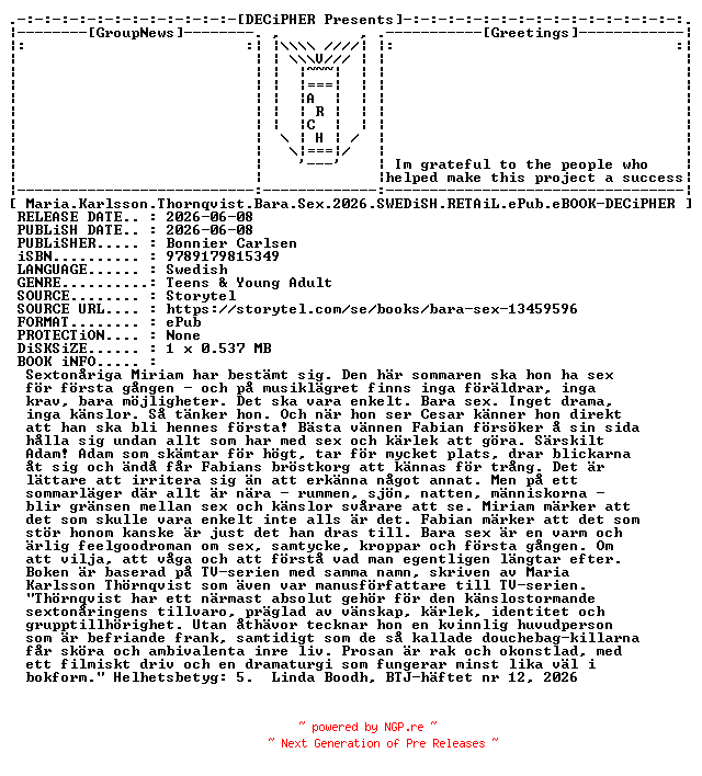 NFO for the release Maria.Karlsson.Thornqvist.Bara.Sex.2026.SWEDiSH.RETAiL.ePub.eBOOK-DECiPHER by DECiPHER