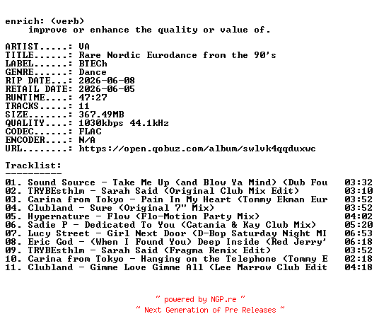 NFO for the release VA-Rare_Nordic_Eurodance_from_the_90s-24BIT-WEB-FLAC-2026-ENRiCH by ENRiCH