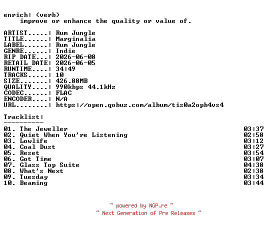 NFO for the release Rum_Jungle-Marginalia-24BIT-WEB-FLAC-2026-ENRiCH by ENRiCH
