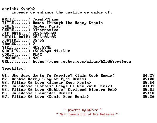 NFO for the release Sarah__Shaun-Remix_Through_The_Heavy_Static-24BIT-WEB-FLAC-2026-ENRiCH by ENRiCH