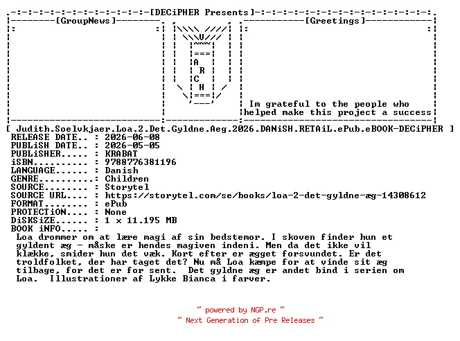 NFO for the release Judith.Soelvkjaer.Loa.2.Det.Gyldne.Aeg.2026.DANiSH.RETAiL.ePub.eBOOK-DECiPHER by DECiPHER