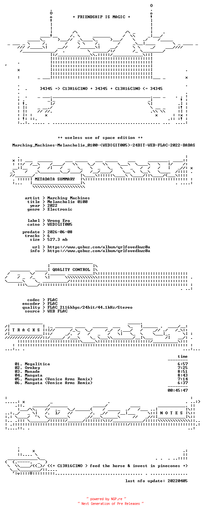 NFO for the release Marching_Machines-Melancholie_0100-(WEDIGIT005)-24BIT-WEB-FLAC-2022-BABAS by BABAS