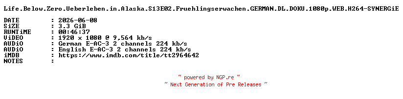 NFO for the release Life.Below.Zero.Ueberleben.in.Alaska.S13E02.Fruehlingserwachen.GERMAN.DL.DOKU.1080p.WEB.H264-SYNERGiE by SYNERGiE