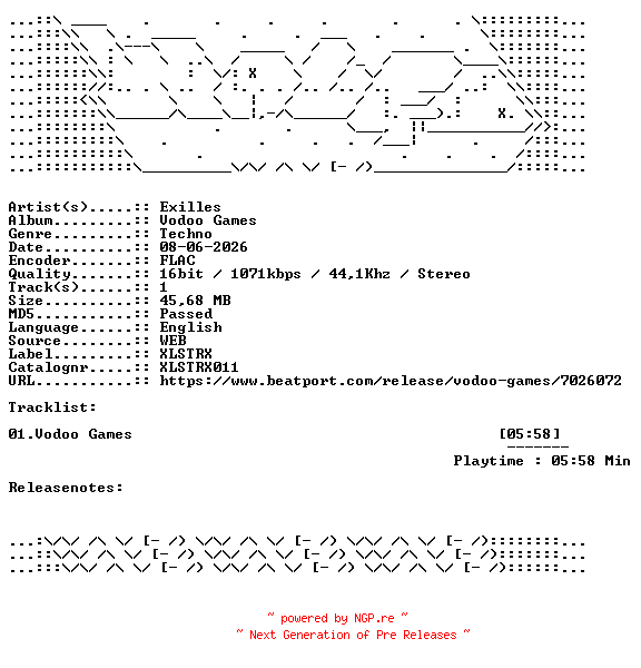 NFO for the release Exilles-Vodoo_Games-XLSTRX011-SINGLE-16BIT-WEB-FLAC-2024-WAVED by WAVED