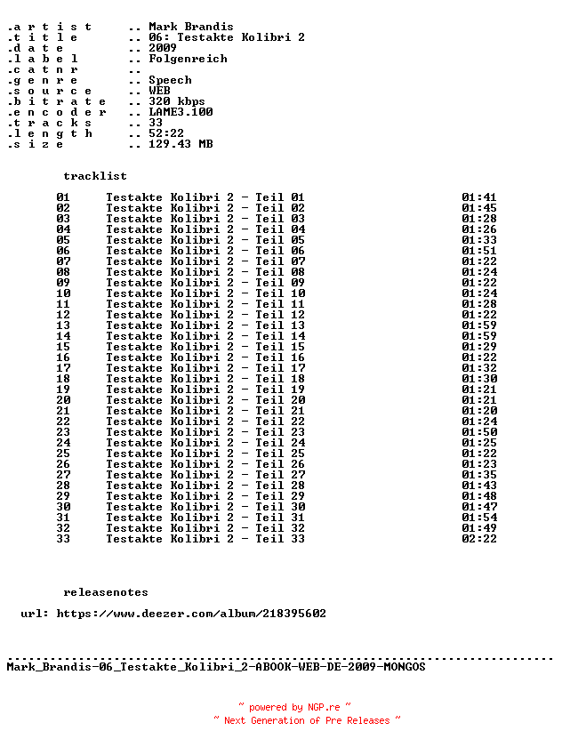 NFO for the release Mark_Brandis-F06_Testakte_Kolibri_2-ABOOK-WEB-DE-2009-MONGOS by MONGOS