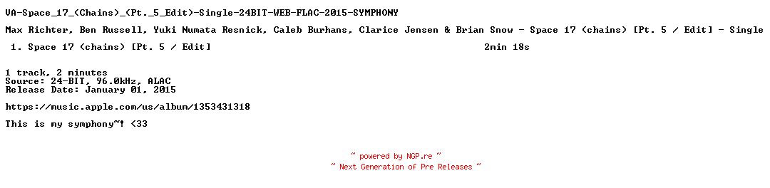NFO for the release VA-Space_17_(Chains)_(Pt._5_Edit)-Single-24BIT-WEB-FLAC-2015-SYMPHONY by SYMPHONY