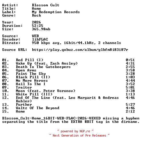 NFO for the release Blossom_Cult-Home-REPACK-16BIT-WEB-FLAC-2026-VEXED by VEXED