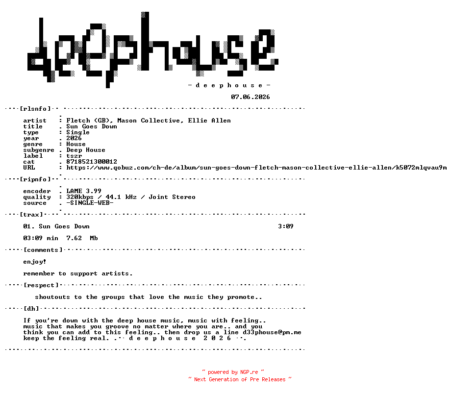NFO for the release Fletch_(GB)_Mason_Collective_Ellie_Allen--Sun_Goes_Down-(8718521300012)-SINGLE-WEB-2026-dh by dh