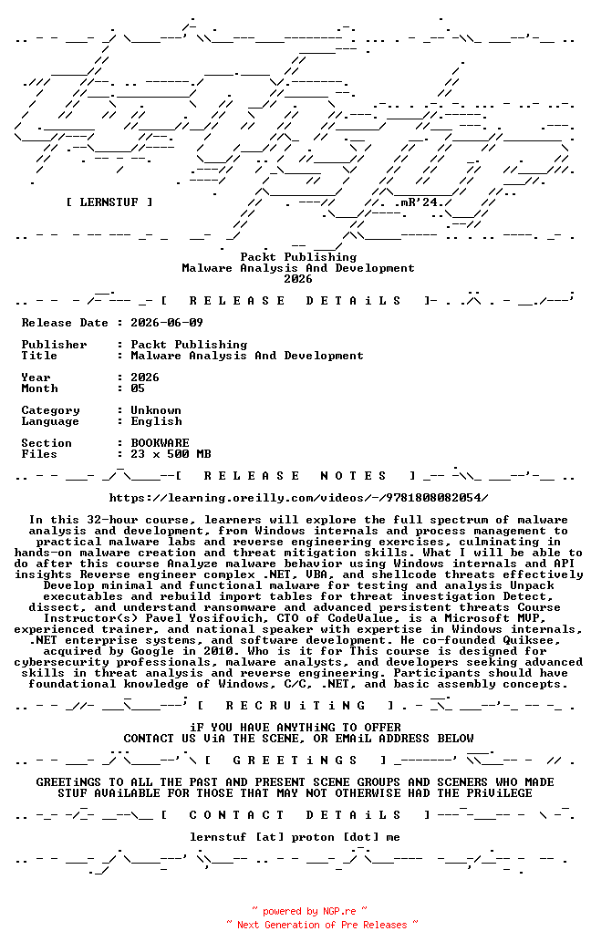 NFO for the release Packt.Publishing.-.Malware.Analysis.And.Development.2026.BOOKWARE-LERNSTUF by LERNSTUF