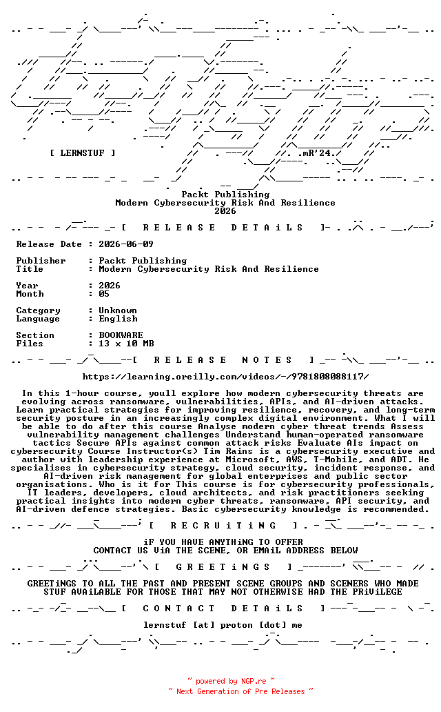 NFO for the release Packt.Publishing.-.Modern.Cybersecurity.Risk.And.Resilience.2026.BOOKWARE-LERNSTUF by LERNSTUF