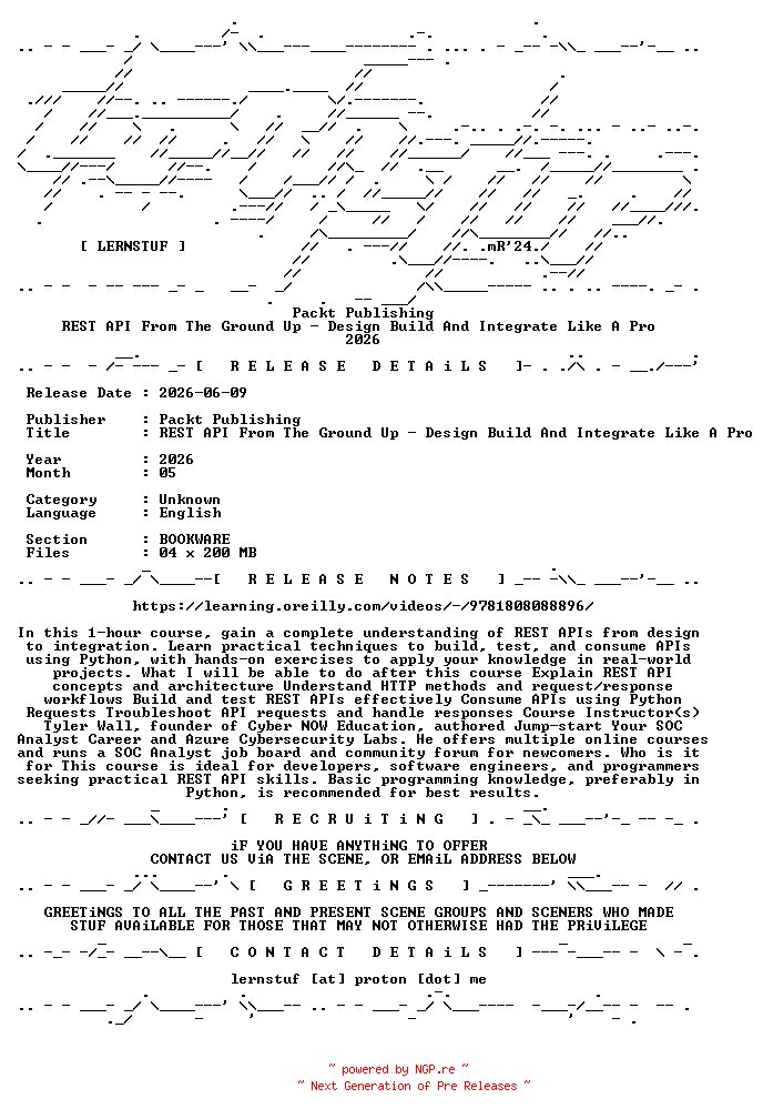 NFO for the release Packt.Publishing.-.REST.API.From.The.Ground.Up.-.Design.Build.And.Integrate.Like.A.Pro.2026.BOOKWARE-LERNSTUF by LERNSTUF