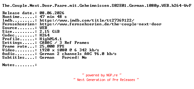 NFO for the release The.Couple.Next.Door.Paare.mit.Geheimnissen.S02E01.German.1080p.WEB.h264-WvF by WvF