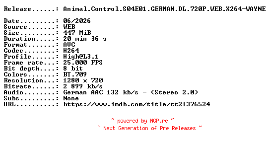 NFO for the release Animal.Control.S04E01.GERMAN.DL.720P.WEB.X264-WAYNE by WAYNE