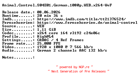 NFO for the release Animal.Control.S04E01.German.1080p.WEB.x264-WvF by WvF