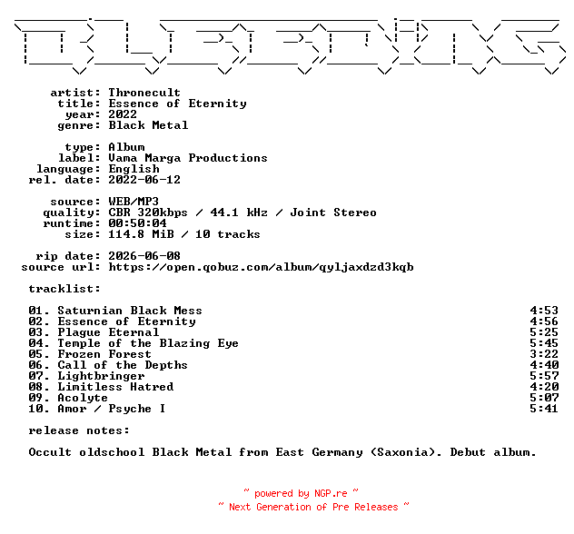 NFO for the release Thronecult-Essence_of_Eternity-WEB-2022-BLEEDiNG by BLEEDiNG