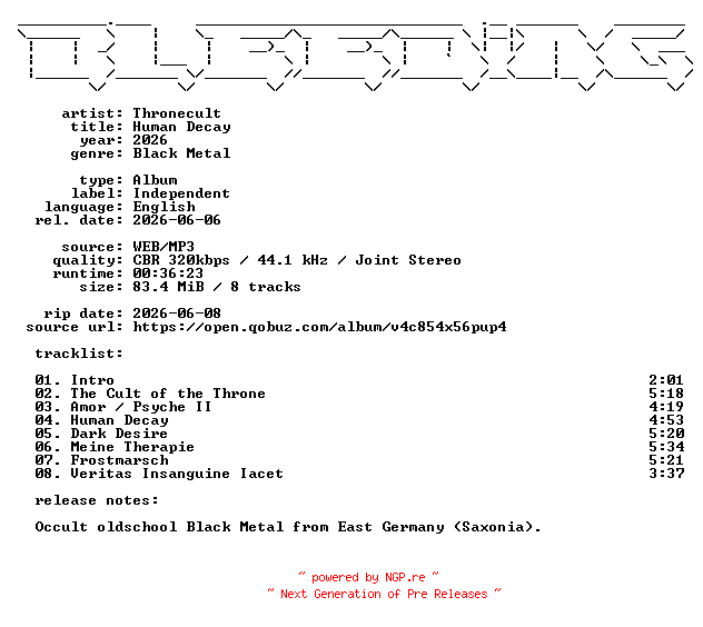 NFO for the release Thronecult-Human_Decay-WEB-2026-BLEEDiNG by BLEEDiNG