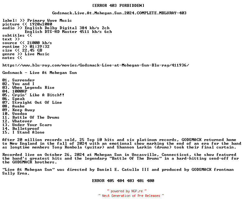 NFO for the release Godsmack.Live.At.Mohegan.Sun.2024.COMPLETE.MBLURAY-403 by 403