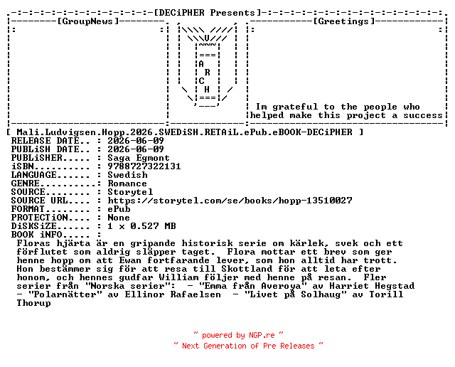 NFO for the release Mali.Ludvigsen.Hopp.2026.SWEDiSH.RETAiL.ePub.eBOOK-DECiPHER by DECiPHER