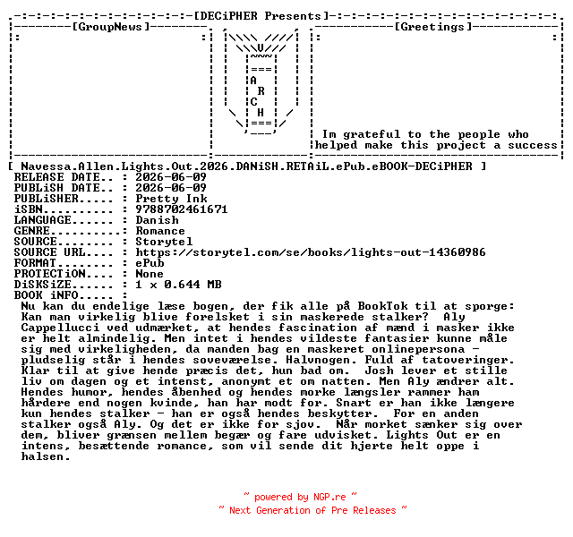NFO for the release Navessa.Allen.Lights.Out.2026.DANiSH.RETAiL.ePub.eBOOK-DECiPHER by DECiPHER