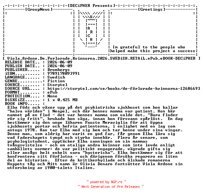 NFO for the release Viola.Ardone.De.Forlorade.Kvinnorna.2026.SWEDiSH.RETAiL.ePub.eBOOK-DECiPHER by DECiPHER