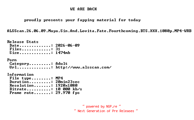 NFO for the release ALSScan.26.06.09.Maya.Sin.And.Lovita.Fate.Fourthcoming.BTS.XXX.1080p.MP4-WRB by WRB