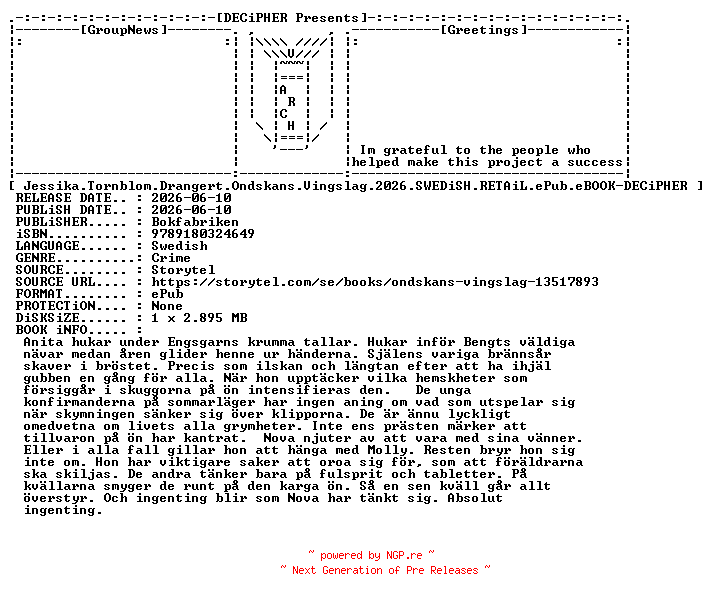 NFO for the release Jessika.Tornblom.Drangert.Ondskans.Vingslag.2026.SWEDiSH.RETAiL.ePub.eBOOK-DECiPHER by DECiPHER