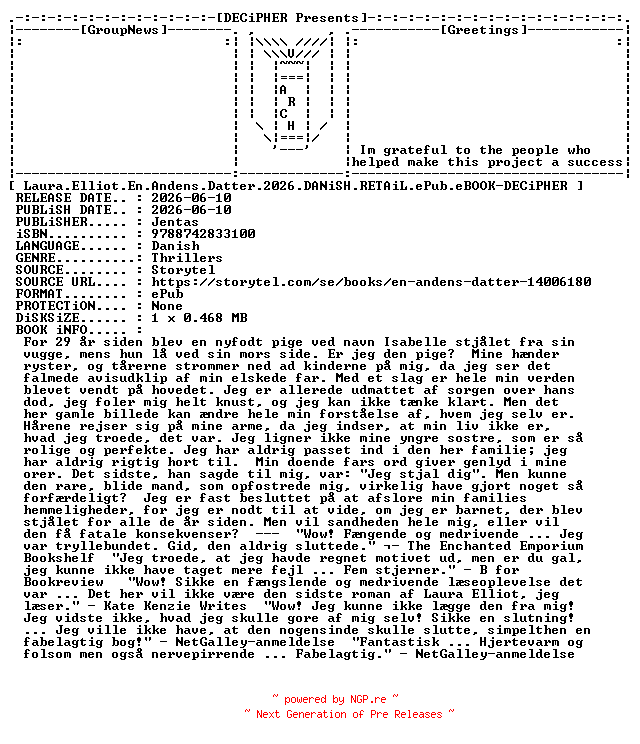 NFO for the release Laura.Elliot.En.Andens.Datter.2026.DANiSH.RETAiL.ePub.eBOOK-DECiPHER by DECiPHER
