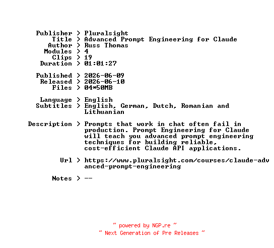 NFO for the release Pluralsight.Advanced.Prompt.Engineering.for.Claude.2026.BOOKWARE-GETH by GETH