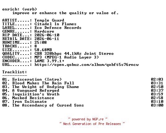 NFO for the release Temple_Guard-Citadel_In_Flames-WEB-2026-ENRiCH by ENRiCH
