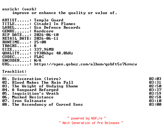 NFO for the release Temple_Guard-Citadel_In_Flames-24BIT-WEB-FLAC-2026-ENRiCH by ENRiCH